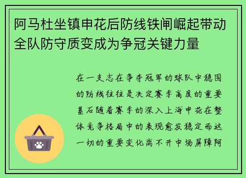阿马杜坐镇申花后防线铁闸崛起带动全队防守质变成为争冠关键力量 阿马杜坐镇申花后防线铁闸崛起带动全队防守质变成为争冠关键力量