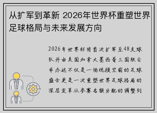 从扩军到革新 2026年世界杯重塑世界足球格局与未来发展方向